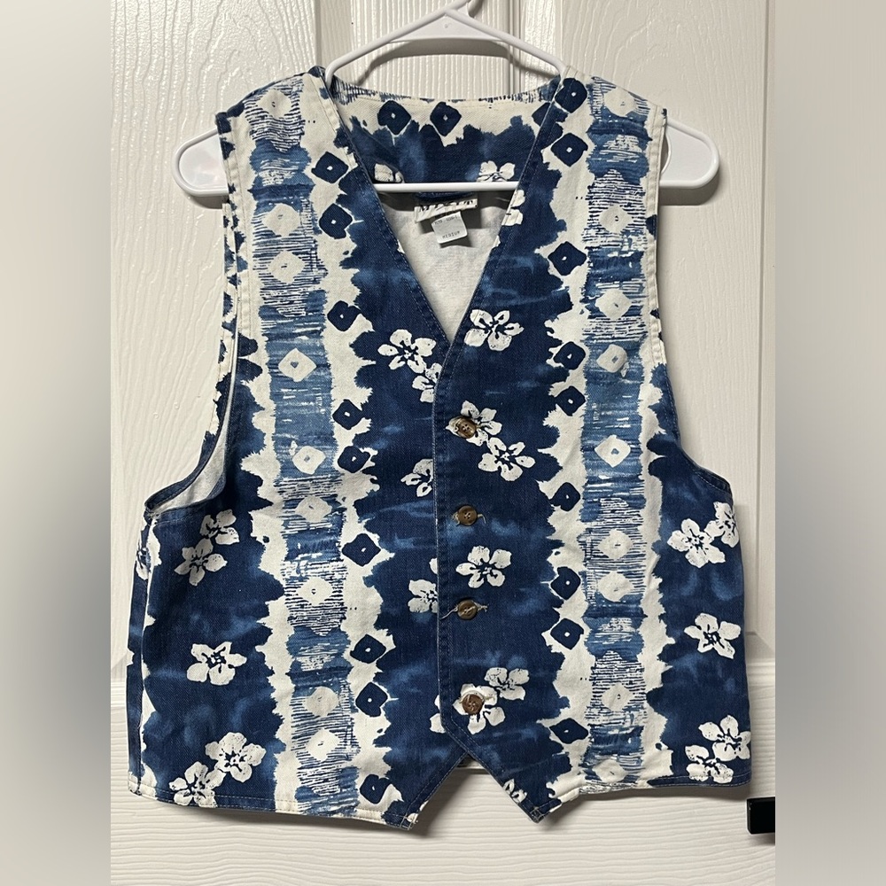 Mixit Stuffed Shirt Denim Button Up Vest Women Medium Blue White Floral Cotton